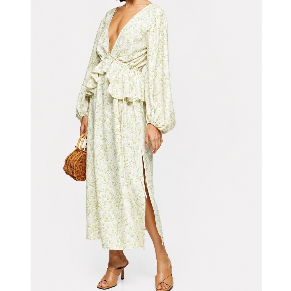 NEW Topshop Ivory Floral Print Double V Maxi Dress‎ Ruffle Size 8